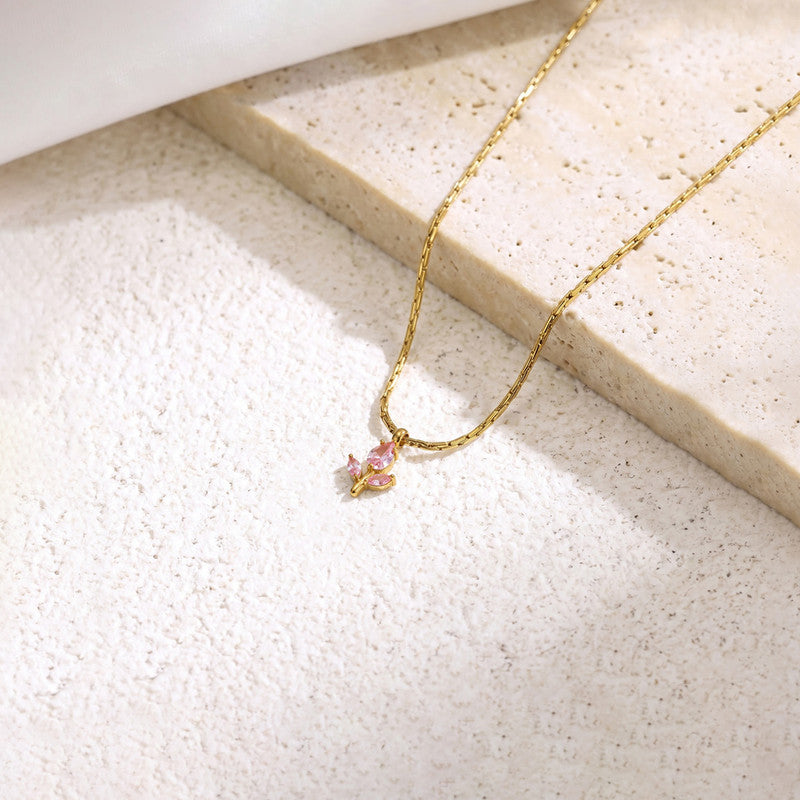 Gold Plated Anti Tarnish Pink CZ Studded Tulip Pendant