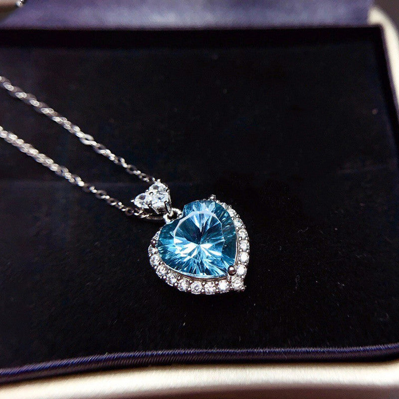 Silver Plated Anti Tarnish American Diamond Crushed Ice Cut Blue Heart Shape Pendant - MySmartBazaar