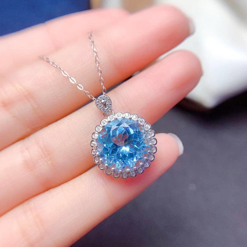 Silver Plated Anti Tarnish American Diamond Crushed Ice Cut Blue Round Shape Contemporary Pendant - MySmartBazaar