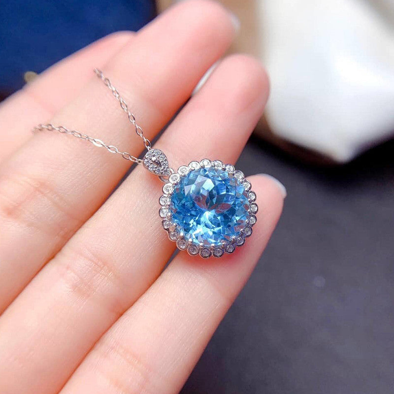 Silver Plated Anti Tarnish American Diamond Crushed Ice Cut Blue Round Shape Contemporary Pendant - MySmartBazaar