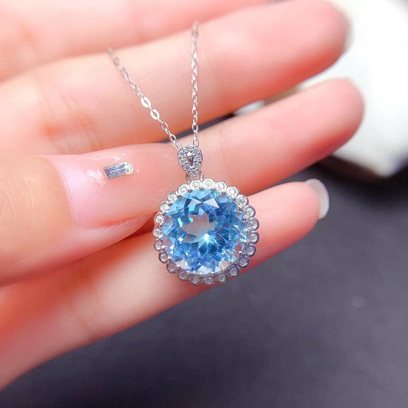 Silver Plated Anti Tarnish American Diamond Crushed Ice Cut Blue Round Shape Contemporary Pendant - MySmartBazaar