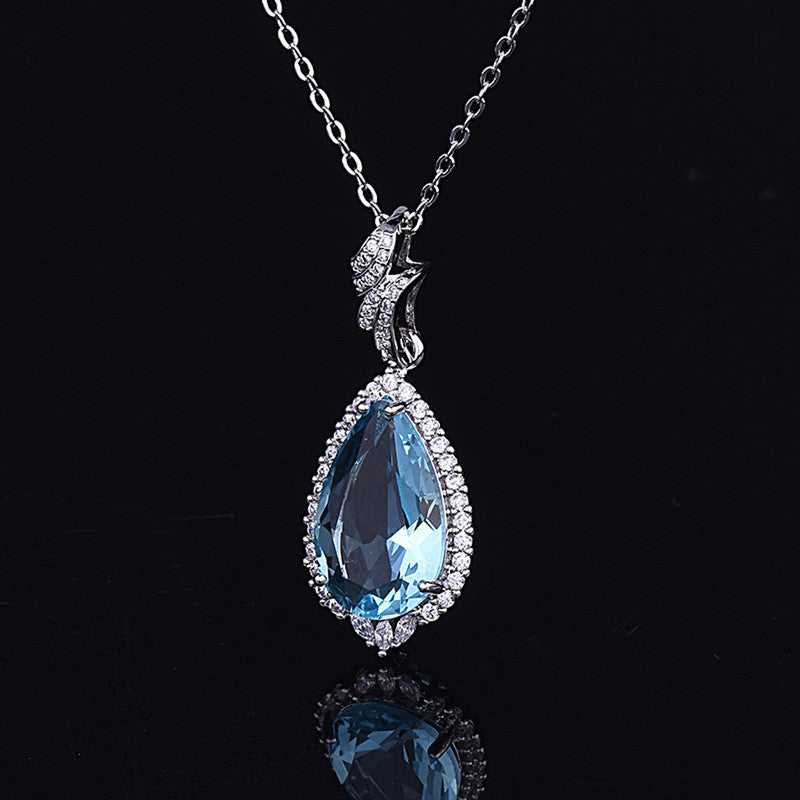 Silver Plated Anti Tarnish American Diamond Crushed Ice Cut Blue Teardrop Shape Contemporary Pendant - MySmartBazaar