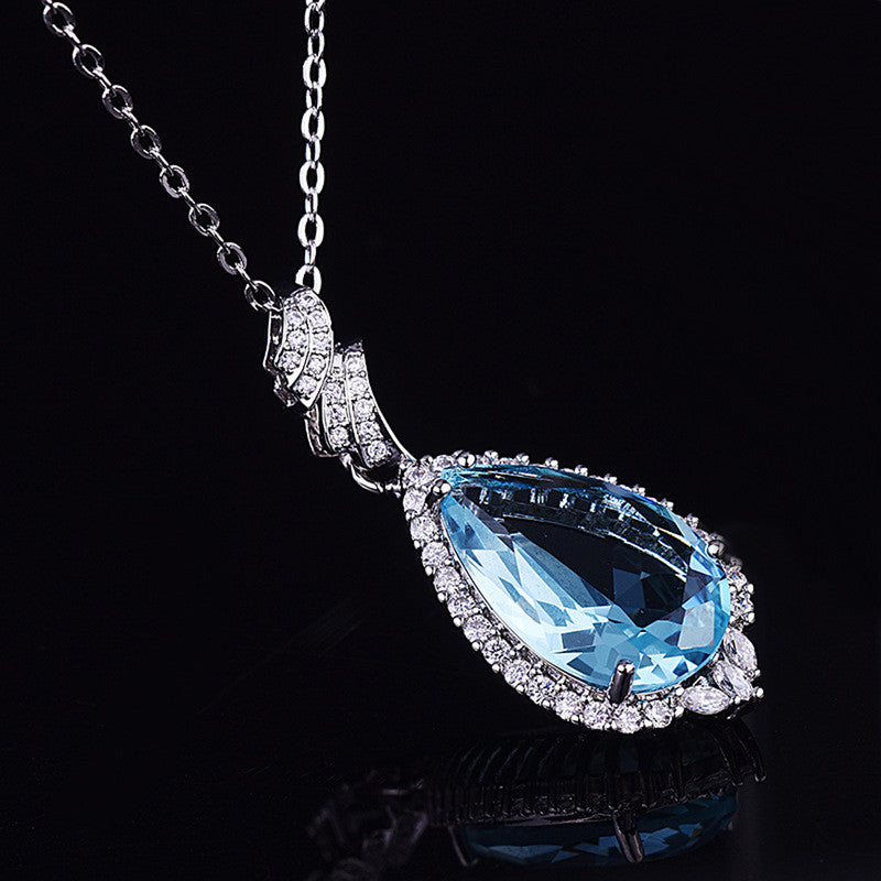 Silver Plated Anti Tarnish American Diamond Crushed Ice Cut Blue Teardrop Shape Contemporary Pendant - MySmartBazaar