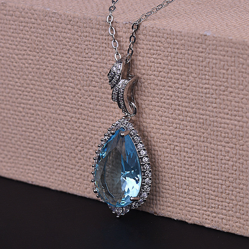 Silver Plated Anti Tarnish American Diamond Crushed Ice Cut Blue Teardrop Shape Contemporary Pendant - MySmartBazaar