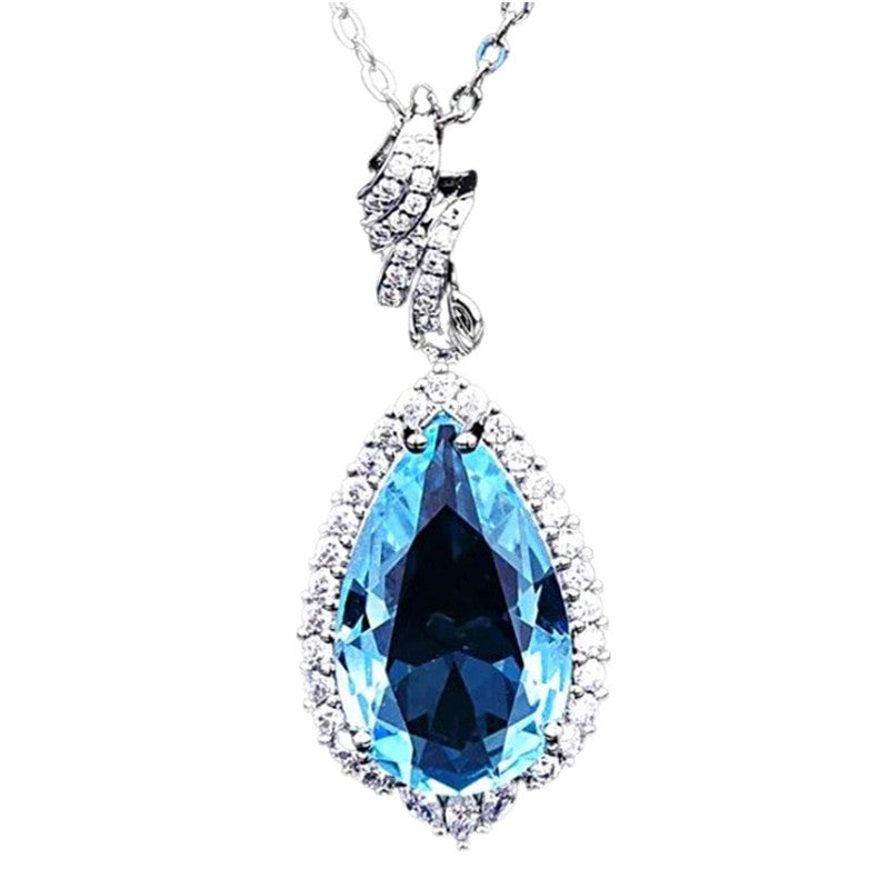 Silver Plated Anti Tarnish American Diamond Crushed Ice Cut Blue Teardrop Shape Contemporary Pendant - MySmartBazaar