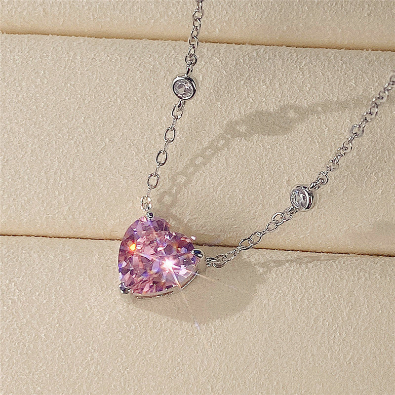 Silver Plated Anti Tarnish American Diamond Studded Pink Heart Shape Pendant