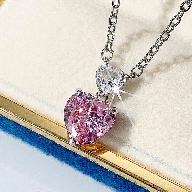 Silver Plated Anti Tarnish American Diamond Studded Pink Heart Shape Pendant