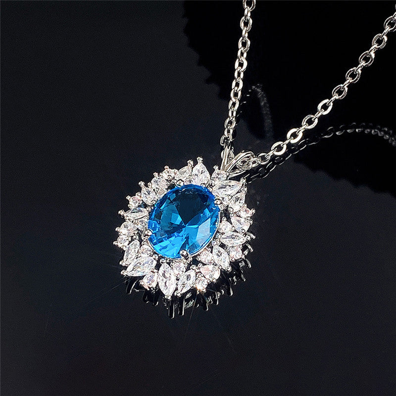 Silver Plated Anti Tarnish American Diamond Studded Blue Oval Shape Contemporary Pendant