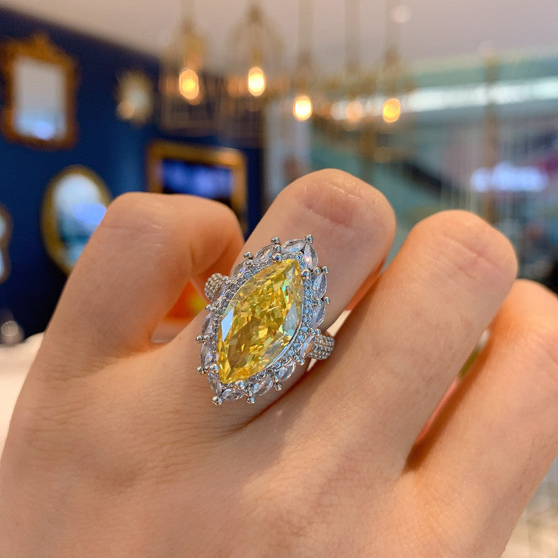 Silver Plated Anti Tarnish American Diamond Crushed Ice Cut Yellow Cocktail Finger Ring - MySmartBazaar