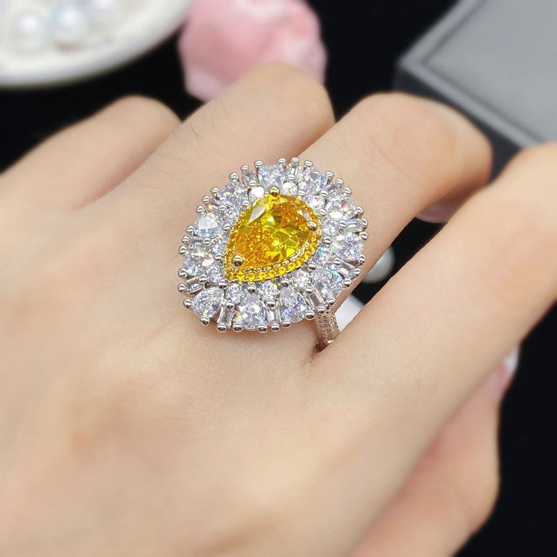 Silver Plated Anti Tarnish American Diamond Crushed Ice Cut Yellow Teardrop Cocktail Finger Ring - MySmartBazaar