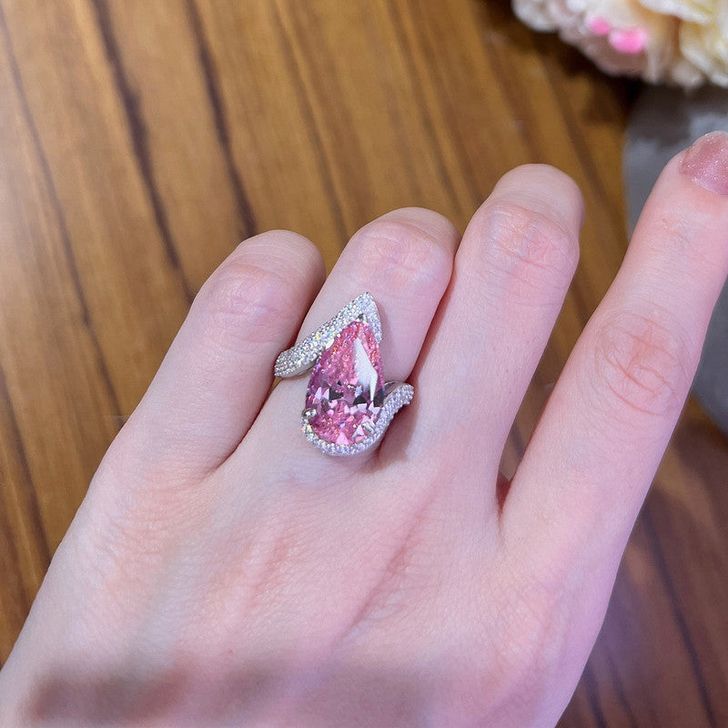 Silver Plated Anti Tarnish American Diamond Crushed Ice Cut Pink Teardrop Finger Ring - MySmartBazaar