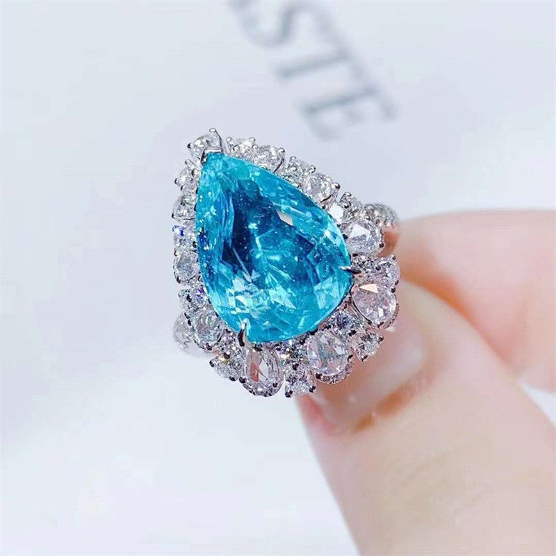 Silver Plated Anti Tarnish American Diamond Crushed Ice Cut Blue Teardrop Finger Ring - MySmartBazaar