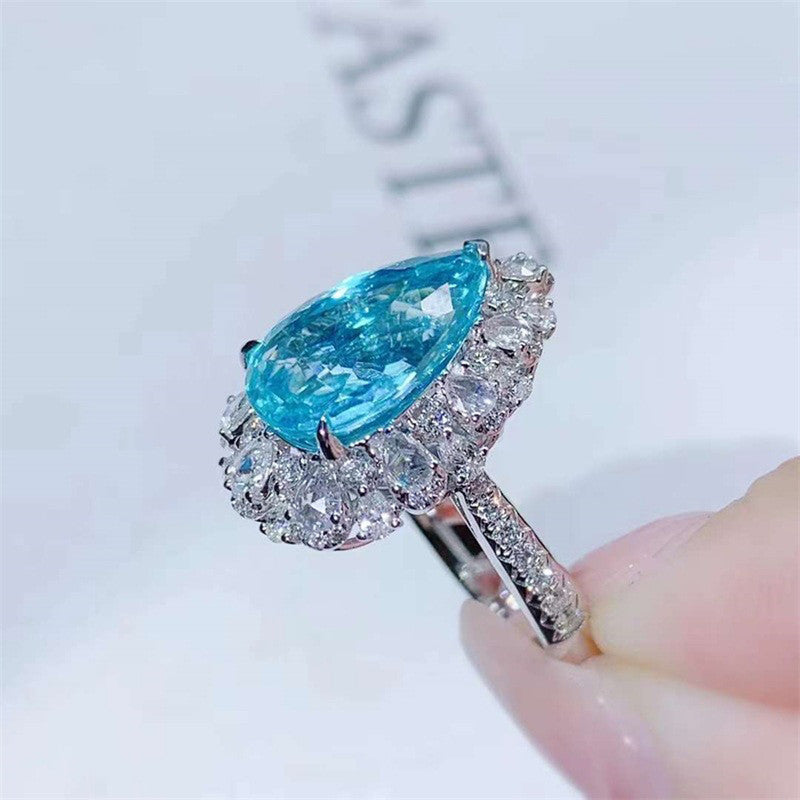 Silver Plated Anti Tarnish American Diamond Crushed Ice Cut Blue Teardrop Finger Ring - MySmartBazaar