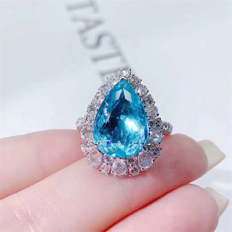 Silver Plated Anti Tarnish American Diamond Crushed Ice Cut Blue Teardrop Finger Ring - MySmartBazaar