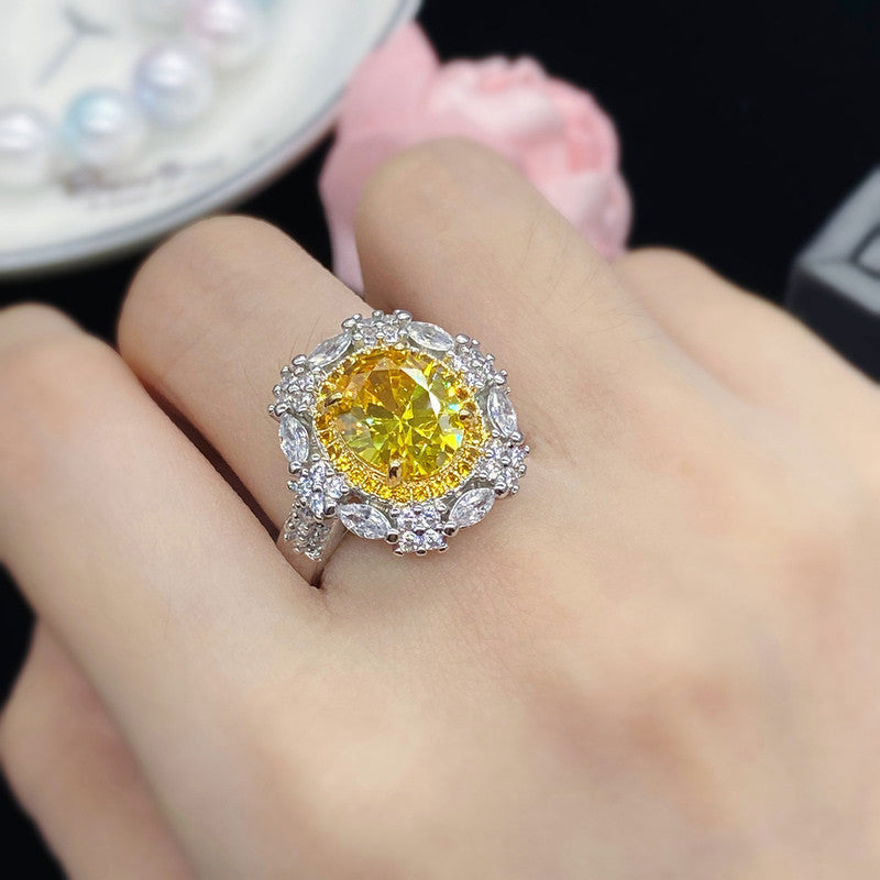 Silver Plated Anti Tarnish American Diamond Crushed Ice Cut Yellow Oval Cocktail Finger Ring - MySmartBazaar