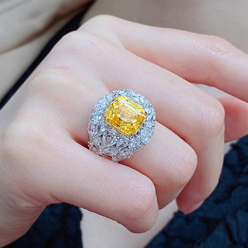 Silver Plated Anti Tarnish American Diamond Crushed Ice Cut Yellow Square Finger Ring - MySmartBazaar