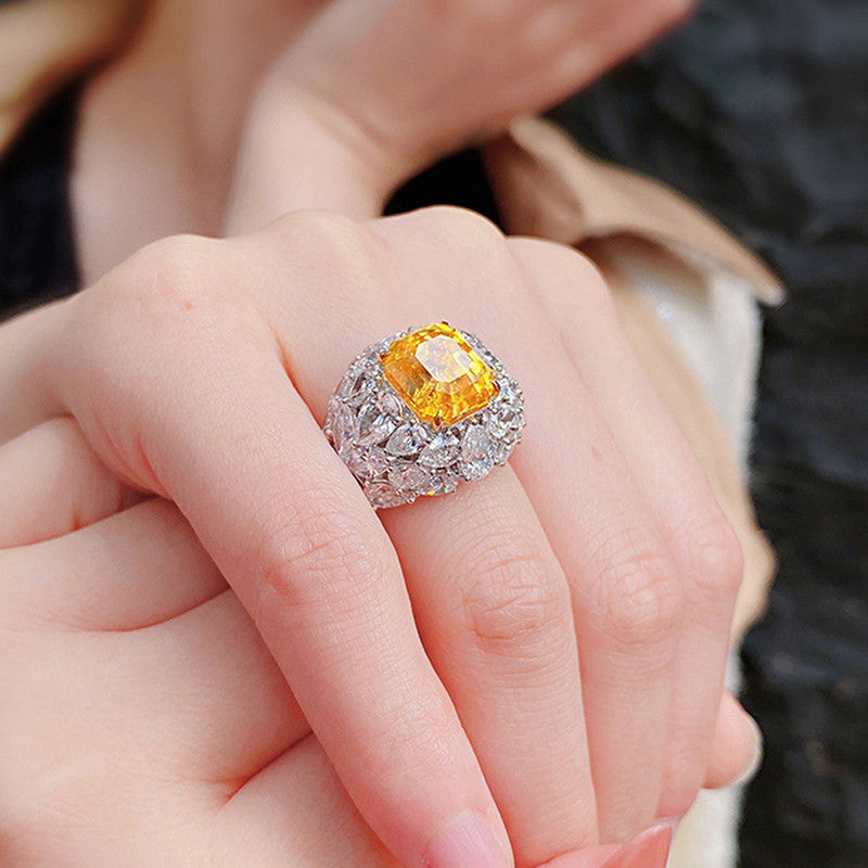 Silver Plated Anti Tarnish American Diamond Crushed Ice Cut Yellow Square Finger Ring - MySmartBazaar