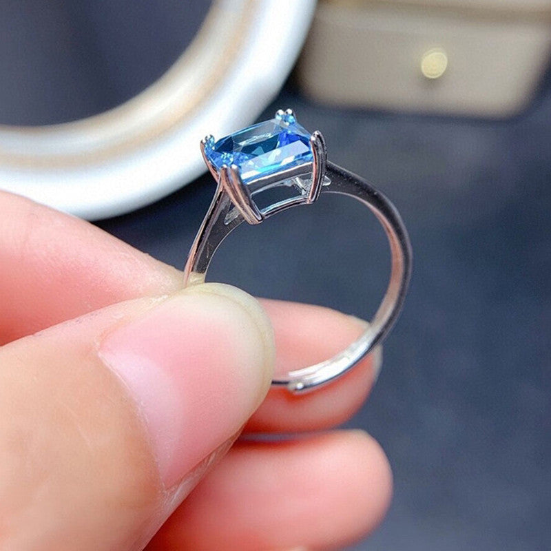 Silver Plated Anti Tarnish American Diamond Crushed Ice Cut Blue Square Finger Ring - MySmartBazaar