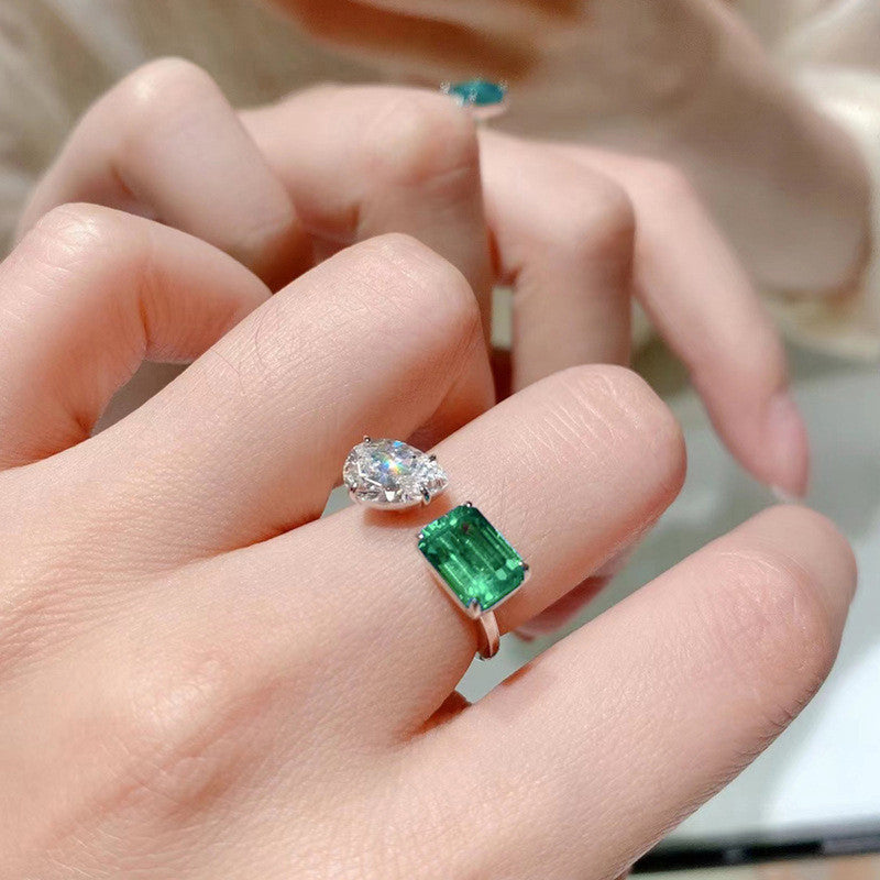 Silver Plated Anti Tarnish American Diamond Crushed Ice Cut Green Rectangular Finger Ring - MySmartBazaar