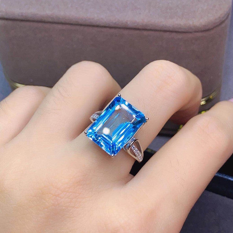 Silver Plated Anti Tarnish American Diamond Crushed Ice Cut Blue Rectangular Finger Ring - MySmartBazaar