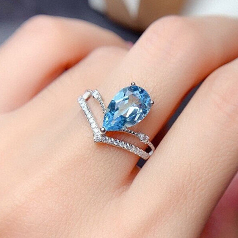 Silver Plated Anti Tarnish American Diamond Crushed Ice Cut Blue Teardrop Finger Ring - MySmartBazaar