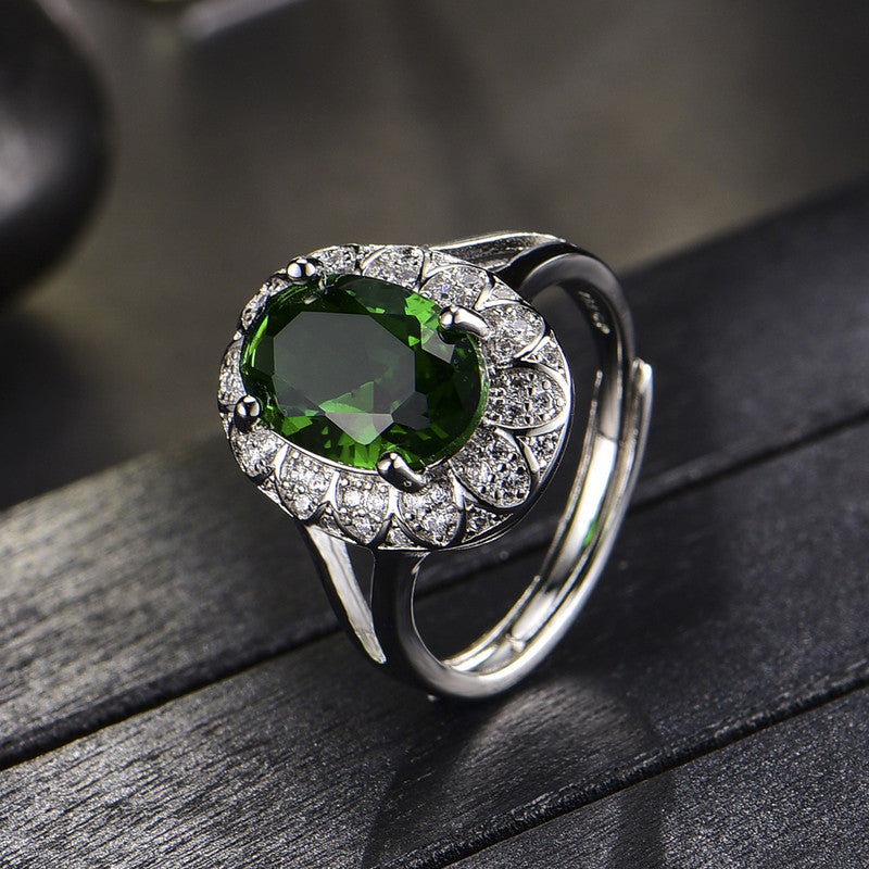 Silver Plated Anti Tarnish American Diamond Crushed Ice Cut Green Oval Finger Ring - MySmartBazaar