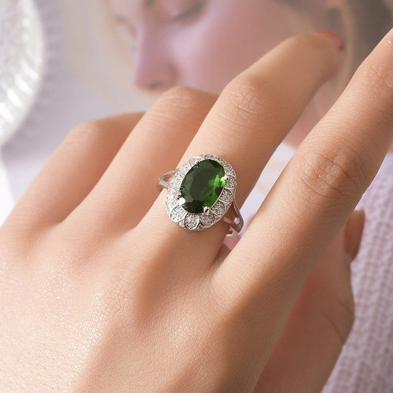 Silver Plated Anti Tarnish American Diamond Crushed Ice Cut Green Oval Finger Ring - MySmartBazaar