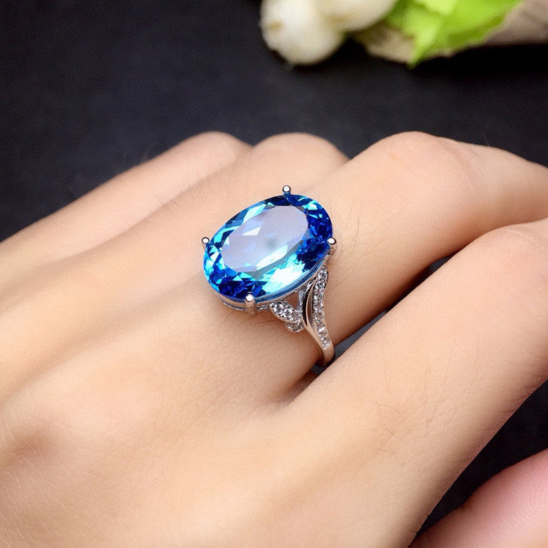 Silver Plated Anti Tarnish American Diamond Crushed Ice Cut Blue Oval Finger Ring - MySmartBazaar