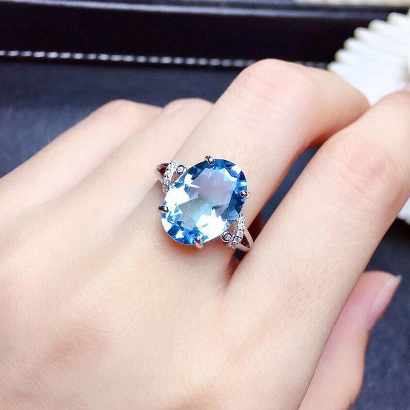 Silver Plated Anti Tarnish American Diamond Crushed Ice Cut Blue Oval Finger Ring - MySmartBazaar