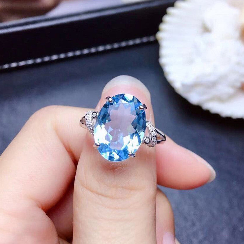 Silver Plated Anti Tarnish American Diamond Crushed Ice Cut Blue Oval Finger Ring - MySmartBazaar