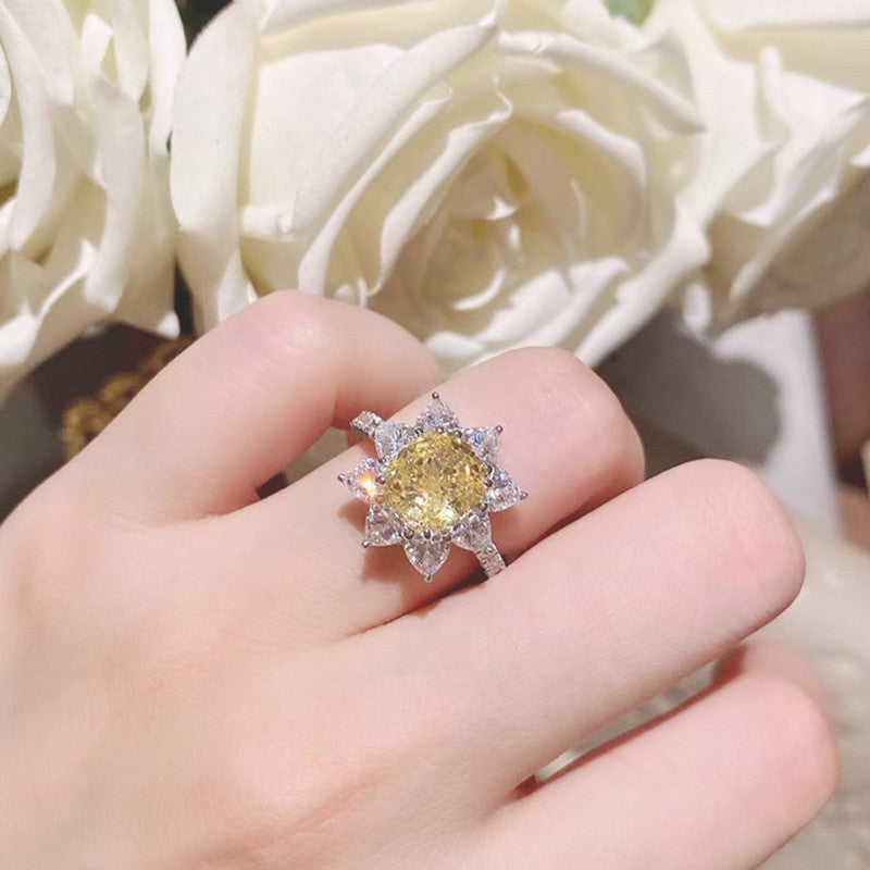 Silver Plated Anti Tarnish American Diamond Crushed Ice Cut Yellow Floral Finger Ring - MySmartBazaar