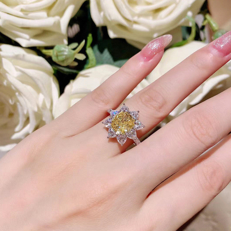 Silver Plated Anti Tarnish American Diamond Crushed Ice Cut Yellow Floral Finger Ring - MySmartBazaar