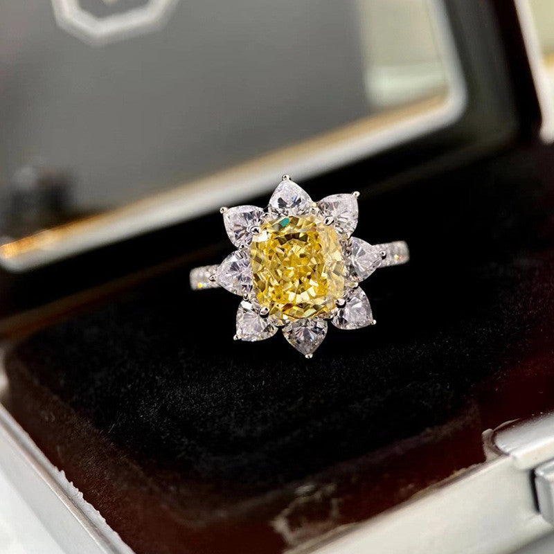 Silver Plated Anti Tarnish American Diamond Crushed Ice Cut Yellow Floral Finger Ring - MySmartBazaar