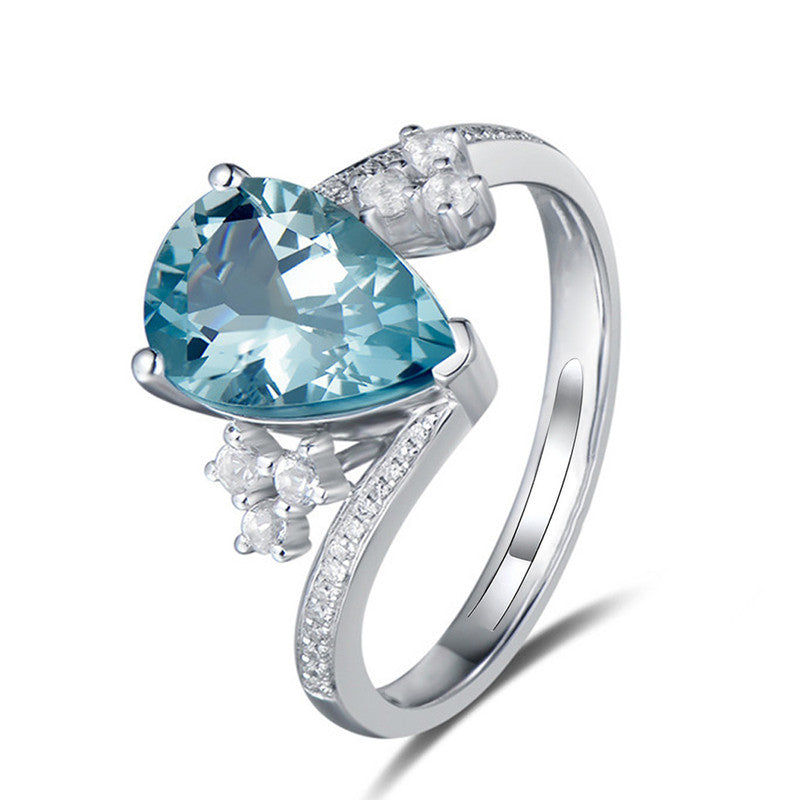 Silver Plated Anti Tarnish American Diamond Crushed Ice Cut Blue Teardrop Style Finger Ring - MySmartBazaar