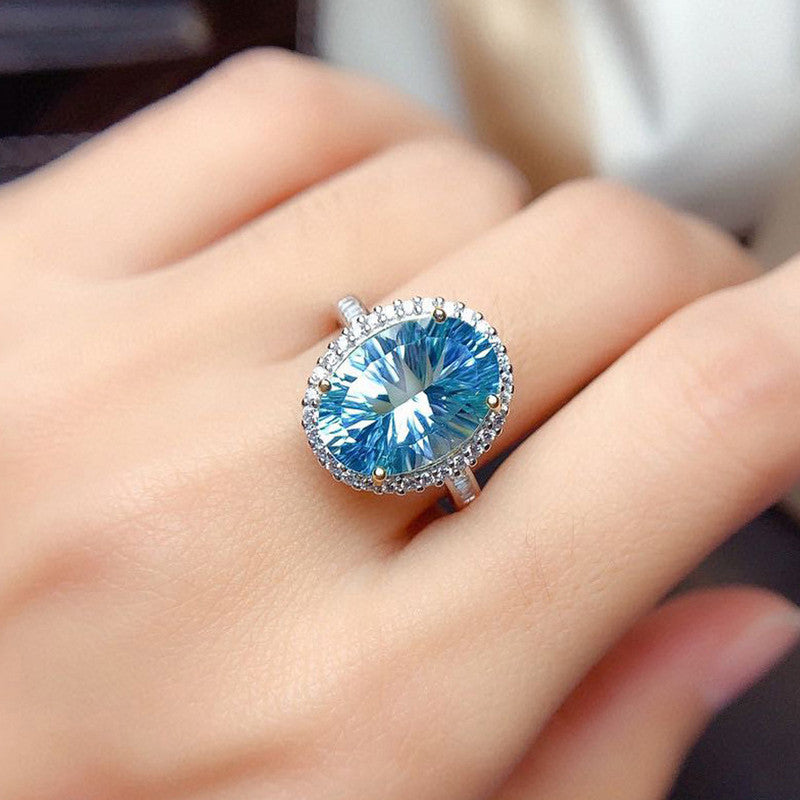 Silver Plated Anti Tarnish American Diamond Crushed Ice Cut Blue Oval Finger Ring - MySmartBazaar