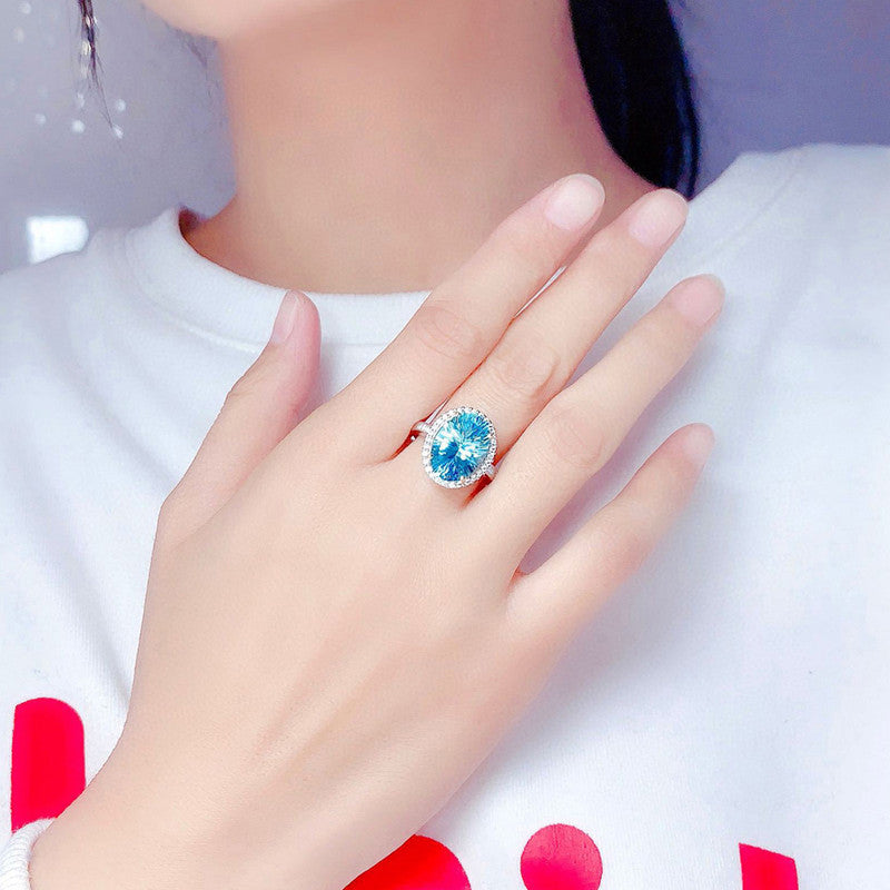 Silver Plated Anti Tarnish American Diamond Crushed Ice Cut Blue Oval Finger Ring - MySmartBazaar