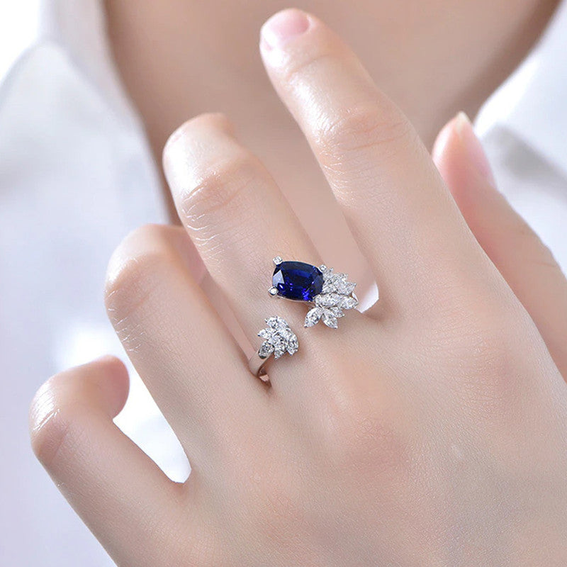 Silver Plated Anti Tarnish American Diamond Crushed Ice Cut Navy Blue Contemporary Finger Ring - MySmartBazaar