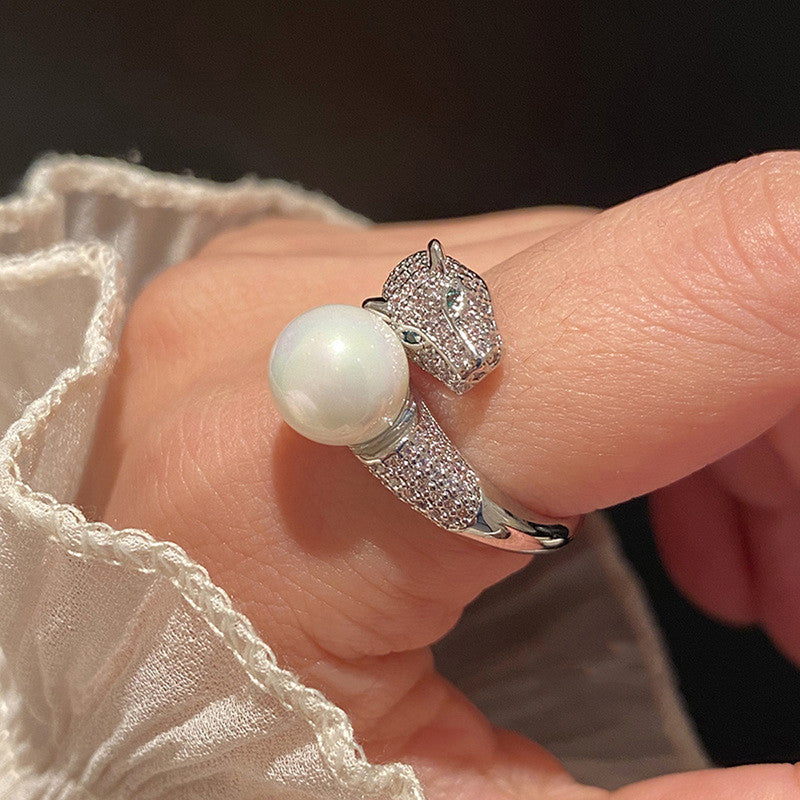 Silver Plated Anti Tarnish Pearl Studded Silver Jaguar Themed Finger Ring - MySmartBazaar