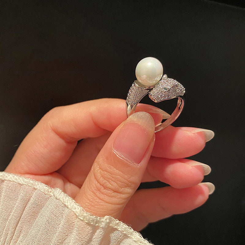 Silver Plated Anti Tarnish Pearl Studded Silver Jaguar Themed Finger Ring - MySmartBazaar