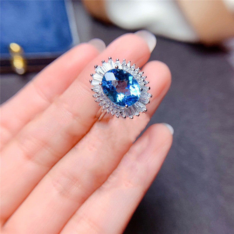 Silver Plated Anti Tarnish American Diamond Crushed Ice Cut Blue Oval Finger Ring - MySmartBazaar