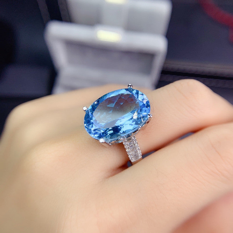 Silver Plated Anti Tarnish American Diamond Crushed Ice Cut Blue Oval Finger Ring - MySmartBazaar