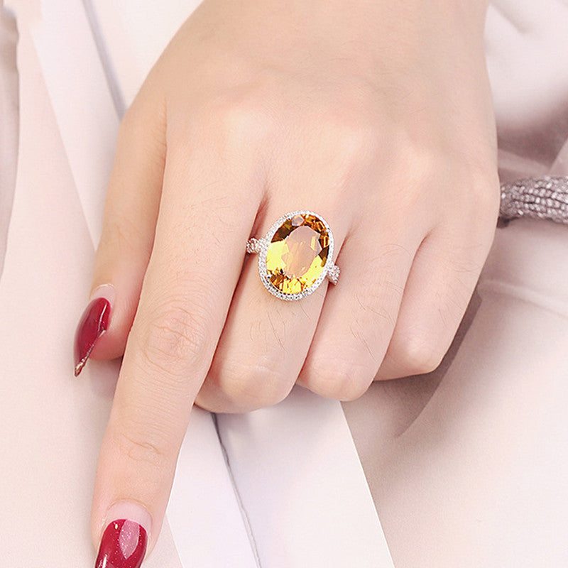 Silver Plated Anti Tarnish American Diamond Crushed Ice Cut Yellow Oval Finger Ring - MySmartBazaar