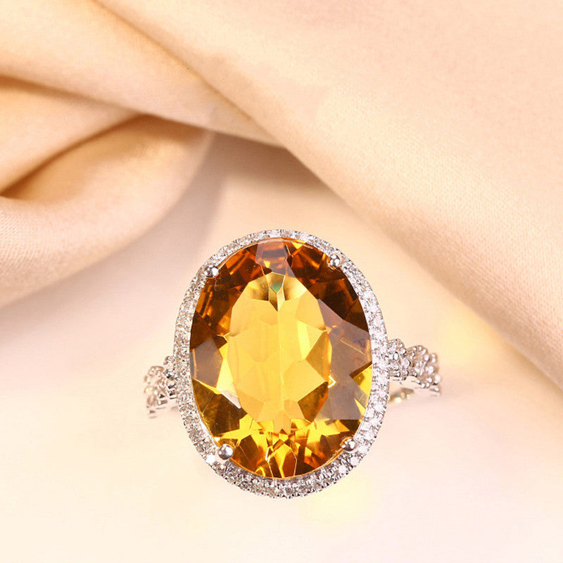 Silver Plated Anti Tarnish American Diamond Crushed Ice Cut Yellow Oval Finger Ring - MySmartBazaar