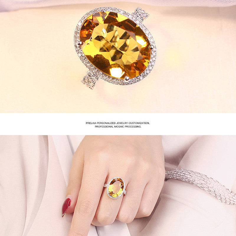 Silver Plated Anti Tarnish American Diamond Crushed Ice Cut Yellow Oval Finger Ring - MySmartBazaar