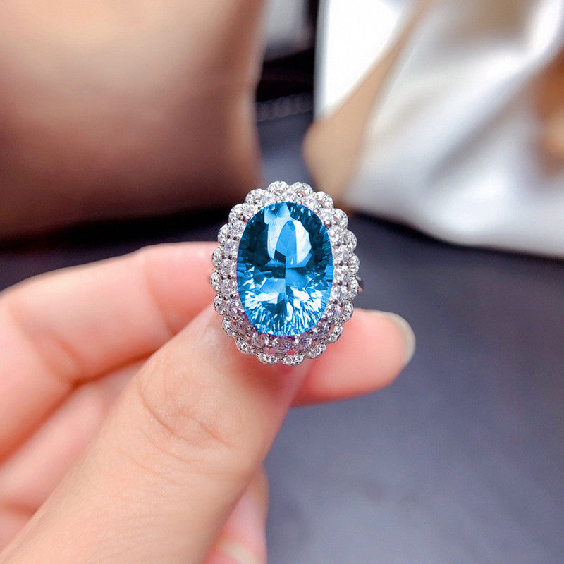 Silver Plated Anti Tarnish American Diamond Crushed Ice Cut Blue Oval Finger Ring - MySmartBazaar