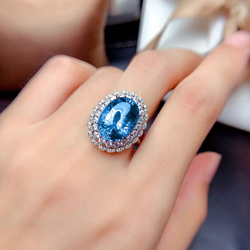 Silver Plated Anti Tarnish American Diamond Crushed Ice Cut Blue Oval Finger Ring - MySmartBazaar