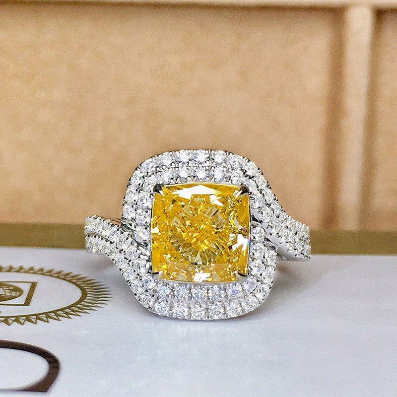 Silver Plated Anti Tarnish American Diamond Crushed Ice Cut Square Shape Yellow Finger Ring - MySmartBazaar