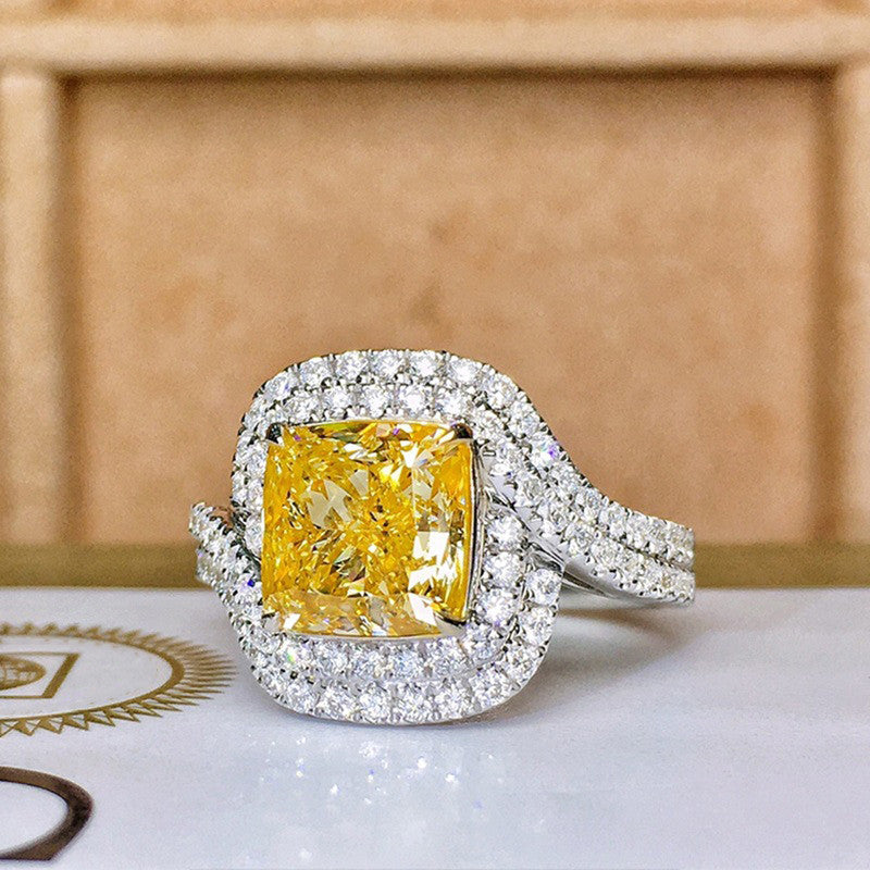 Silver Plated Anti Tarnish American Diamond Crushed Ice Cut Square Shape Yellow Finger Ring - MySmartBazaar