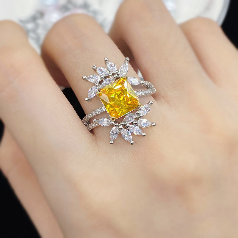 Silver Plated Anti Tarnish American Diamond Crushed Ice Cut Yellow Contemporary Finger Ring - MySmartBazaar