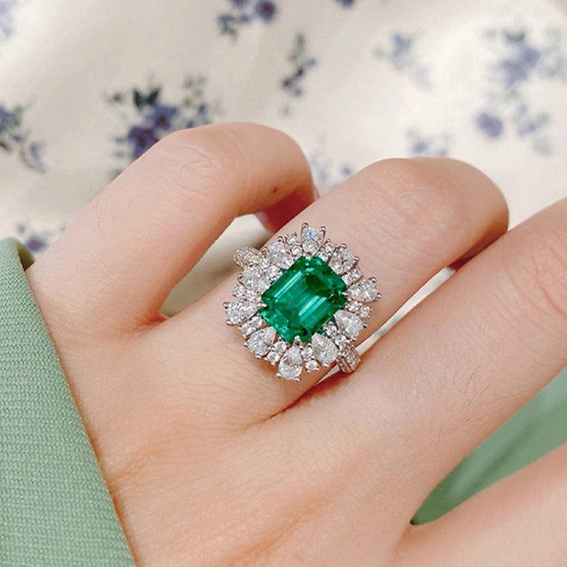 Silver Plated Anti Tarnish American Diamond Crushed Ice Cut Green Rectangular Finger Ring - MySmartBazaar